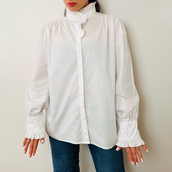 Mazik Tops - New Mazik Elegant Blouse Button down Shirt Trim Lantern Sleeve Poplin